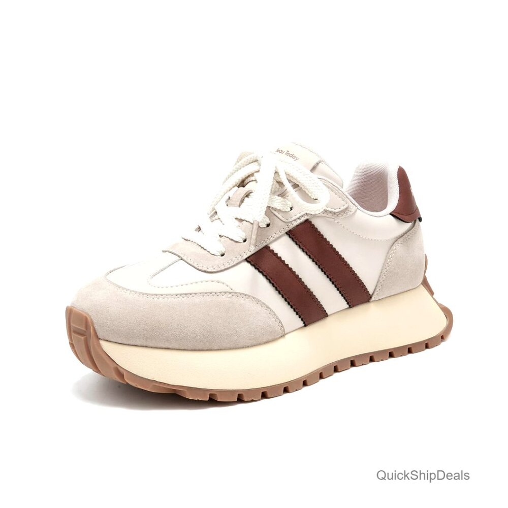 Genuine Leather Chunky Platform Sneakers, Non-Slip Athletic Walking Shoes
